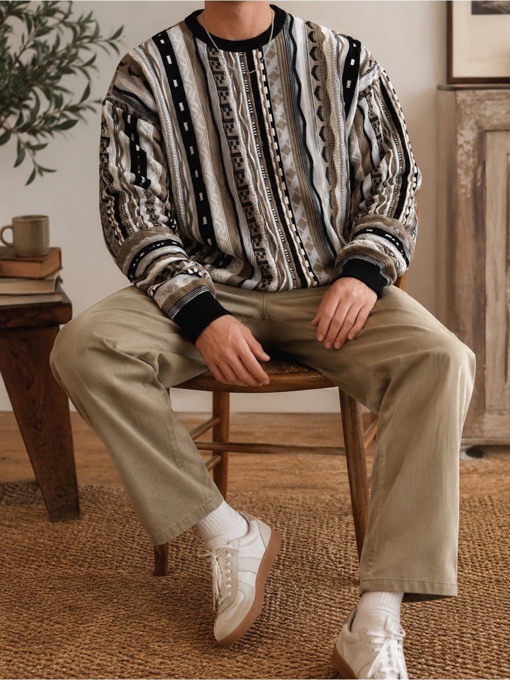 Vintage 90s Coogi-Style 3D Knit Sweater Beige Black Textured Retro
 Sweater
